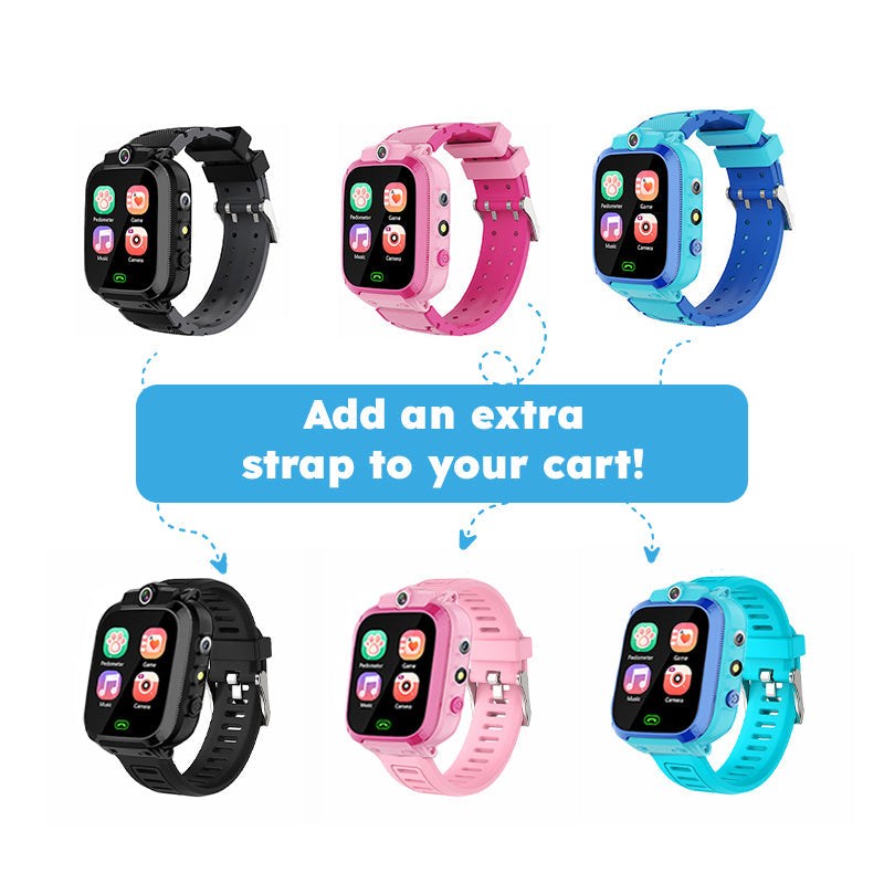Kids Multi-purpose Smartwatch in black, pink, and blue with extra interchangeable straps for kids aged 7+ featuring games, music, and fitness tracking.