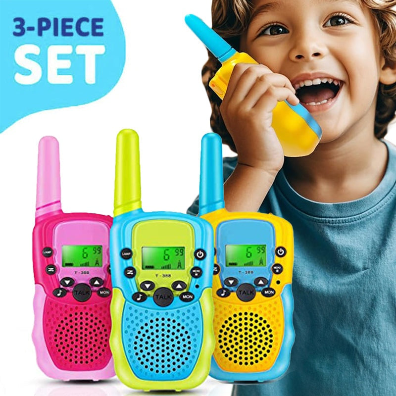 Set of three colorful kids walkie talkies in pink, blue, and yellow with child using yellow walkie talkie for communication.