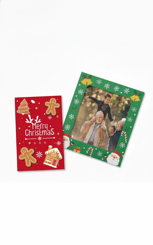 Xmas Card with festive gingerbread design and family photo frame
