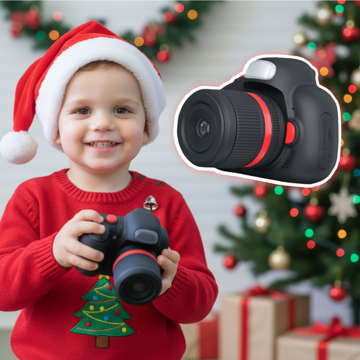 child in Santa hat holding Mini Photographer Digital Camera with Christmas tree background