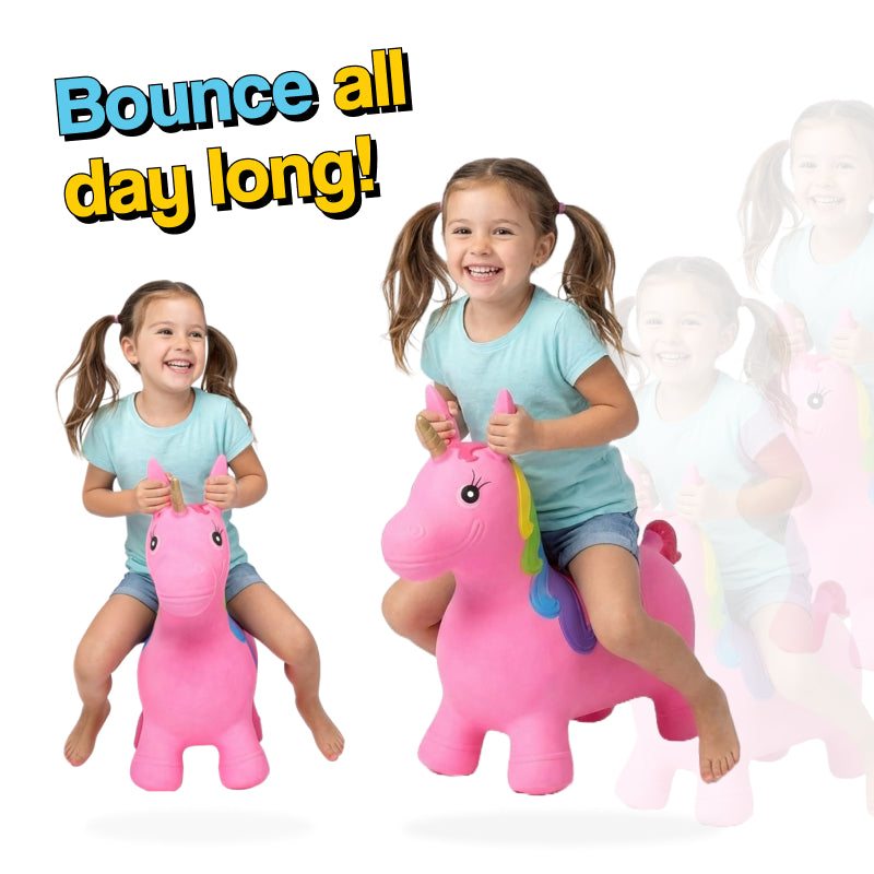 Toddler playing with My First Bouncy Pet inflatable hopper toy with handles