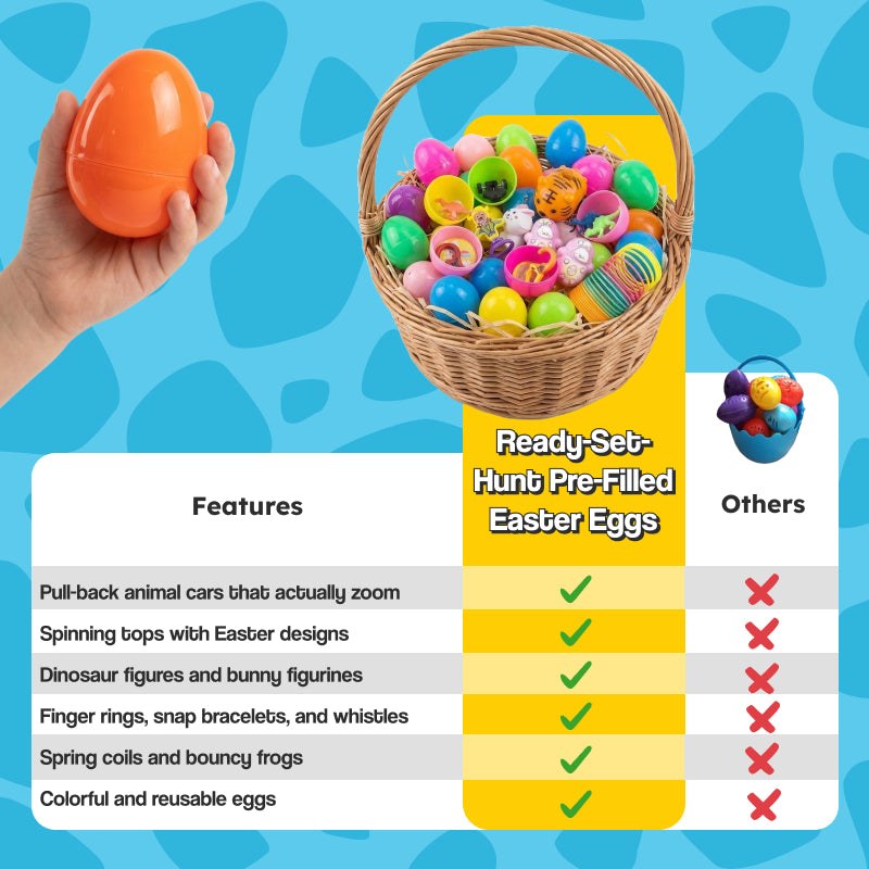 Colorful pre-filled Easter eggs with toys inside ready for Easter egg hunts
