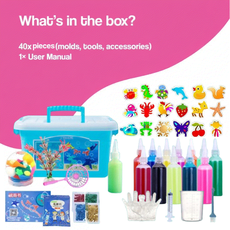 Magic Gel kids' craft kit with 40 pieces including molds, tools, colorful gels, and accessories in a blue storage box.