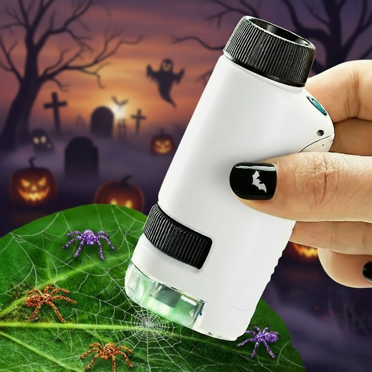 The Original Miniscope™ Halloween Collection handheld microscope with Halloween-themed background and spider decorations