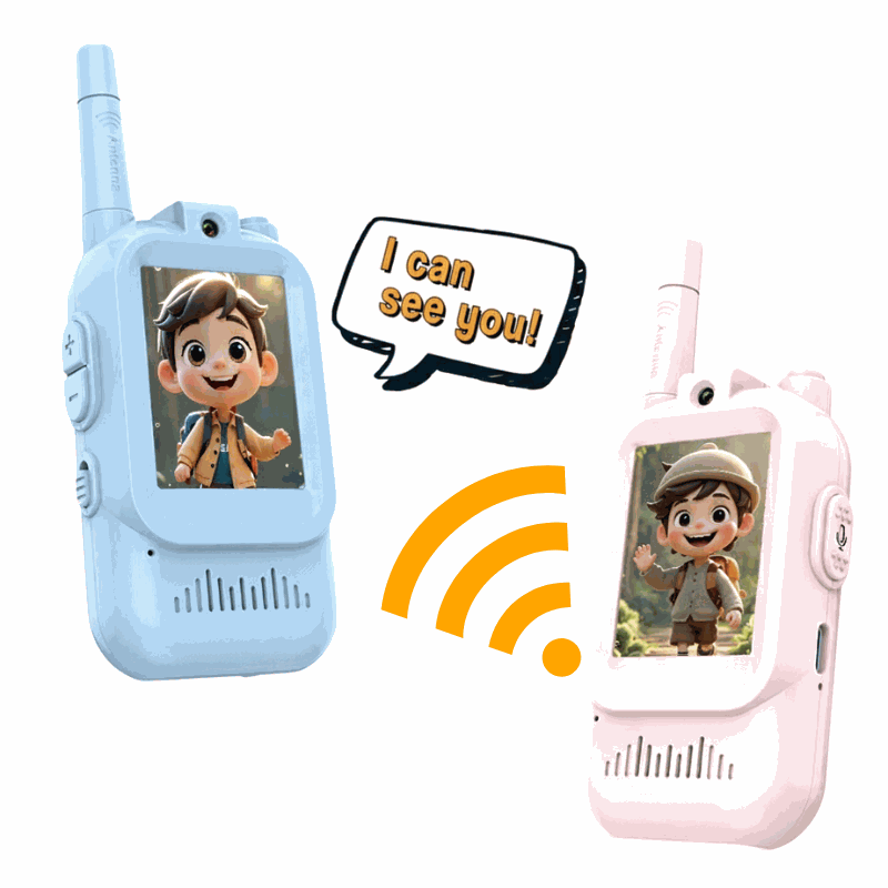 Kids Walkie Talkie 3-piece set in pastel blue and pink with clear sound and real-time video display for kids' communication and play
