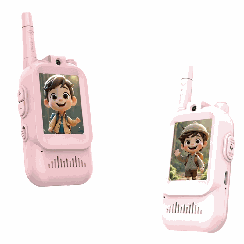 Pink kids walkie talkie with cartoon display screen from 3-piece set