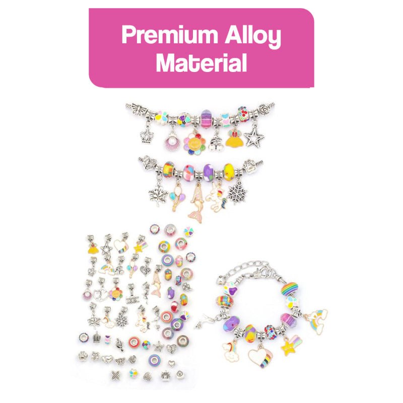 Kids bracelet-making kit with colorful alloy beads and charms for creative DIY jewelry crafting.