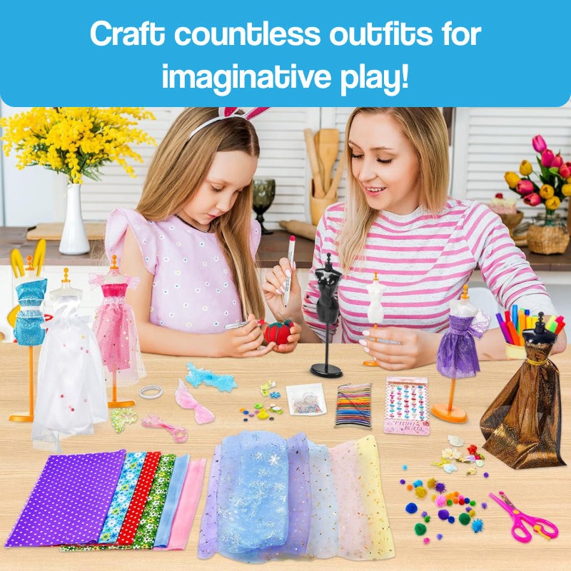 Kids using DIY Fashion Design Studio Kit with fabrics and accessories for imaginative outfit crafting